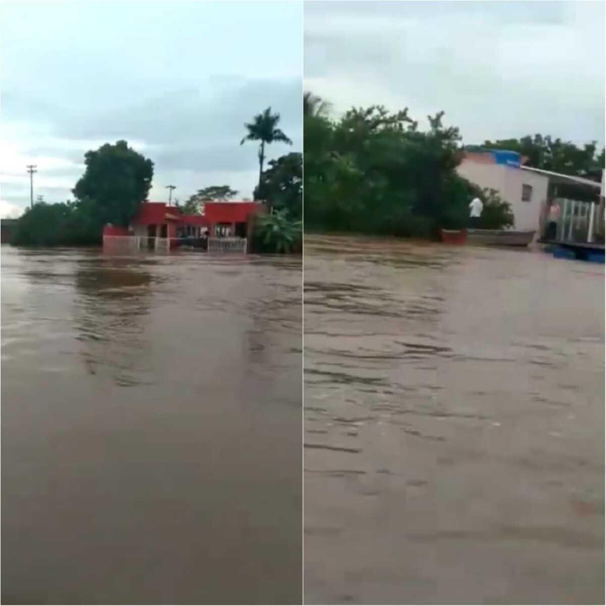 Vídeo rio invadindo ruas e casas de cidade de MT famílias estão