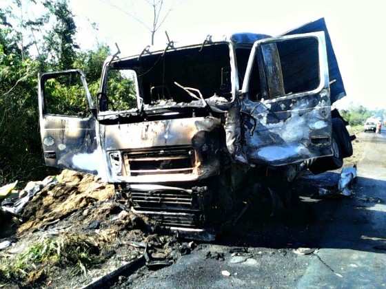O caminhão pegou fogo após o acidente