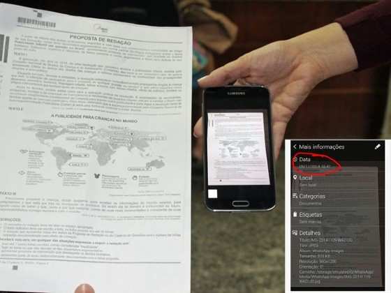 Estudante mostra imagem de suposto tema da prova de redação do Enem horas antes da prova. No detalhe, dados do arquivo indicam a hora do recebimento