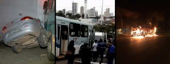 Ônibus sem freio atinge carro e muro. Freio de mão não segura e carro desce morro abaixo atingindo menina e rapaz. Um coletivo pegou fogo por possíveis problemas elétricos.