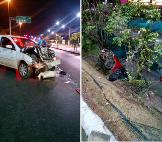 O carro derrubou a grade de proteção do shopping e caiu dentro do estacionamento