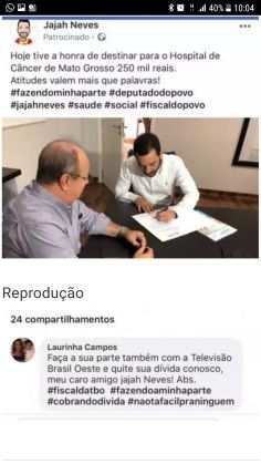 Apresentadora Laurinha Campos aproveita post de deputado para cobrar dívida no Facebook.