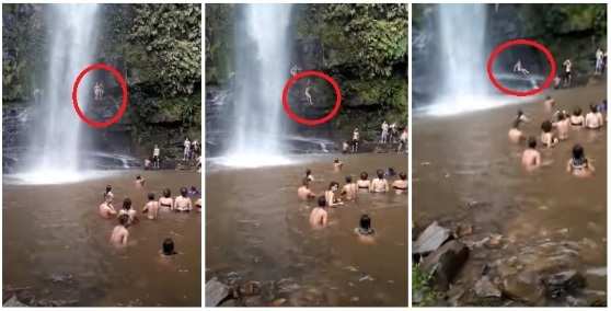 De acordo com as imagens, a garota está a uma altura de cerca de 5 metros, quando perde o equilíbrio e despenca de cima da cachoeira.