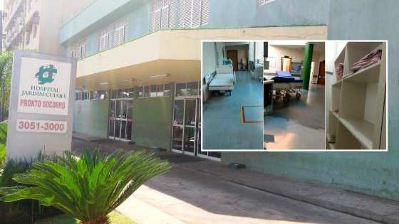 Imagens mostram equipamentos e mobília hospitalar nos corredores do Hospital Jardim Cuiabá.