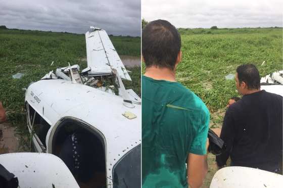 O avião caiu em uma área alagada após não conseguir decolar.