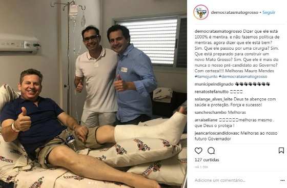 Na foto publicada pelo Democratas, Mauro Mendes aparece ao lado do presidente regional do partido, deputado federal Fábio Garcia.