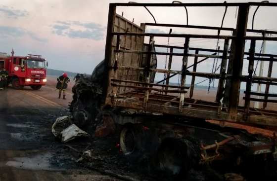 As carretas pegaram fogo após a batida e um motorista morreu preso entre as ferragens.