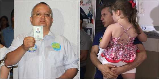 Mauro Mendes espera na fila acompanhado da filha Maria Luíza.