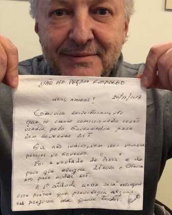 Vice-governador eleito Otaviano Pivetta escreveu bilhete em guardanapo para avisar que não irá indicar amigos a cargos no Governo.