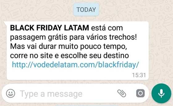 Mensagem compartilhada no WhatsApp tem descontos falsos em passagem área da LatAm