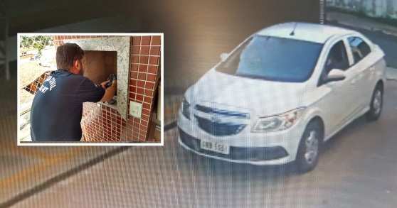 Flavio Taques fugiu em um Chevrolet Prisma; No detalhe policial retirar documentos queimados de churrasqueira.