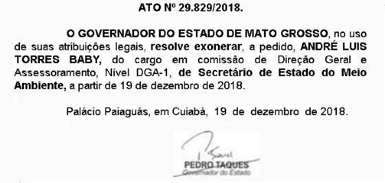 Mesmo exonerado do cargo de secretário, Baby continuará com recebendo salário por ser servidor de carreira.