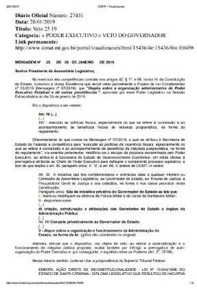 O veto foi publicado no Diário Oficial do Estado desta terça-feira.