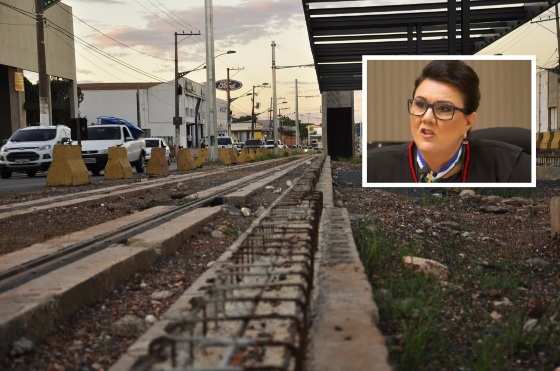 Trilhos enferrujados do VLT. No detalhe, desembargadora Helena Maria Bezerra Ramos.