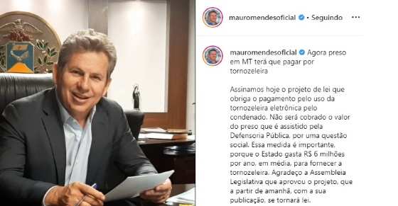 Governador Mauro Mendes fez postagem no Instagram