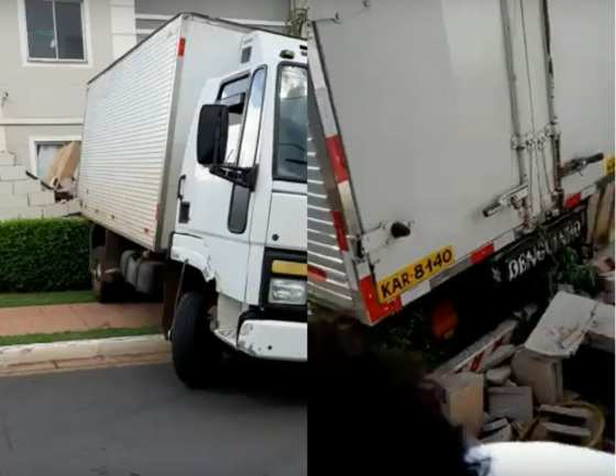 Caminhão invade casa após perder o freio de ré.