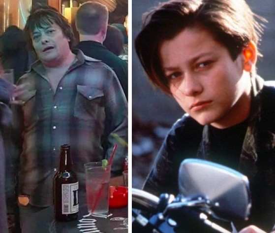 O ator Edward Furlong em uma festa e um registro de sua participação na franquia O Exterminador