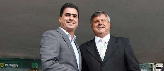 O prefeito reeleito de Cuiabá Emanuel Pinheiro (MDB) e o vice eleito, Roberto Stopa (PV)