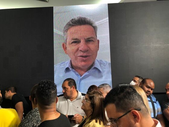 O governador Mauro Mendes (União Brasil) enviou vídeo, que foi exibido durante a convenção estadual do PSB