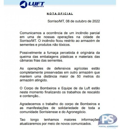 Nota empresa incêndio sorriso