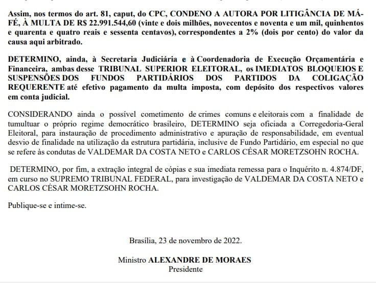 Decisão do Alexandre de Moraes condena PL