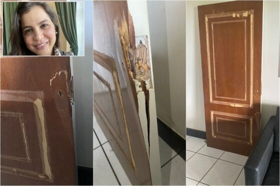 As imagens da porta destruída registram um dos episódios de violência que antecederam a tragédia do duplo homicídio