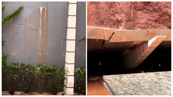 O jardim da residência, o pergolado de madeira, piscina, móveis e até vidraças foram destruídos pela queda da estrutura.