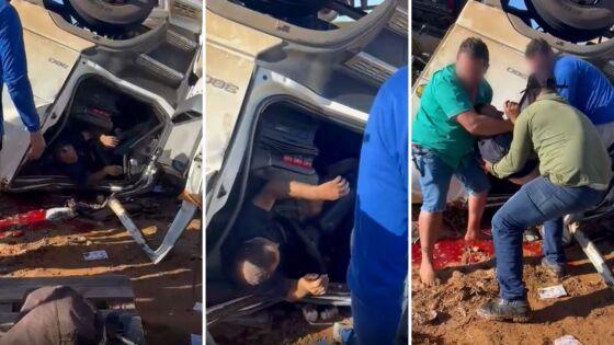 O motorista ficou preso na cabine, mas foi resgatado com vida por populares