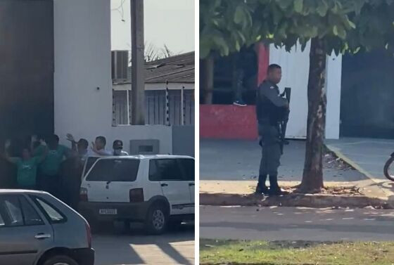 Policiais buscam criminosos que tentaram assaltar agência bancária.