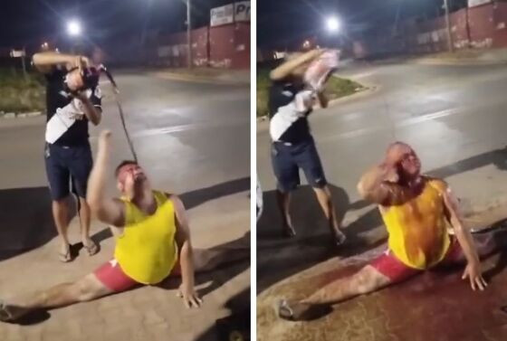 Torcedor tomou banho de vinho no meio da rua.