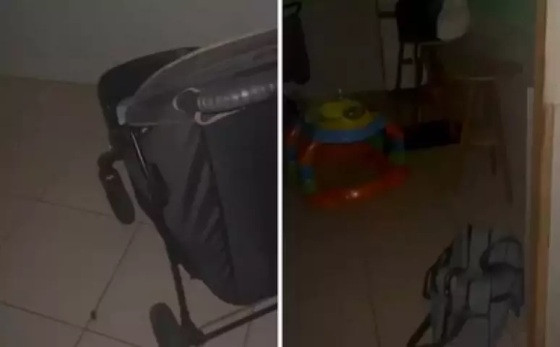 O bebê foi encontrado no carrinho, em uma sala com as luzes apagadas.
