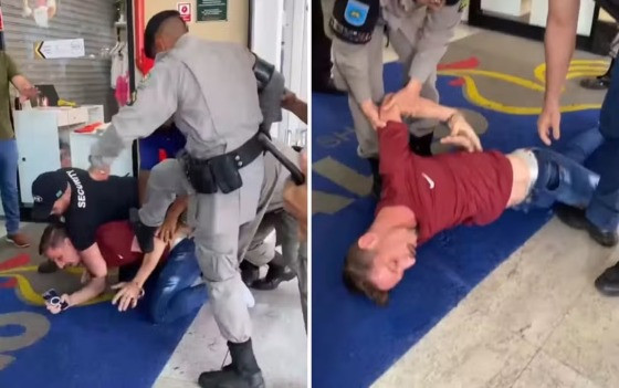 Policial militar dá chutes em no empresário João Antônio Jordão, de 32 anos, enquanto um segurança o segura pelo pescoço em Goiânia Goiás