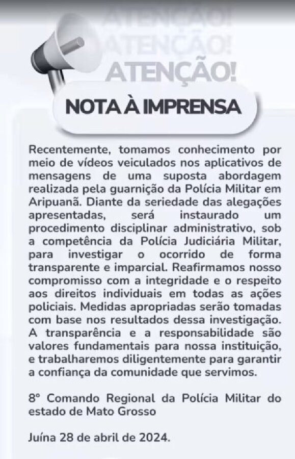 Nota a imprensa caso policiais miliares 