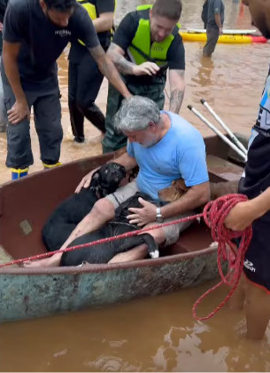 O homem entrou no barco com o engenheiro Felipe Schein, também voluntário, e foi até o local onde os animais estavam