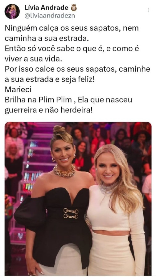 O auê todo começou quando Lívia Andrade publicou em seus perfis uma foto ao lado de Eliana, que esteve na final do Dança dos Famosos, do Domingão com Huck