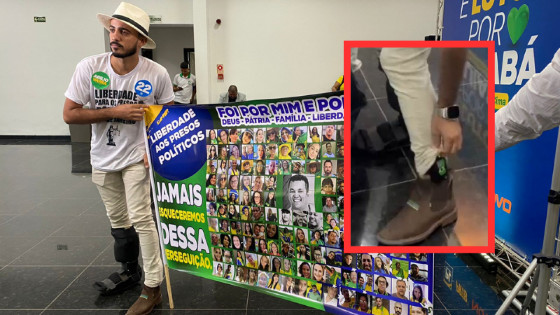 Além do equipamento, Vandinho Patriota também apareceu com uma camiseta pedindo liberdade aos presos políticos e com um cartaz com o rosto dos demais manifestantes do 8 de janeiro.