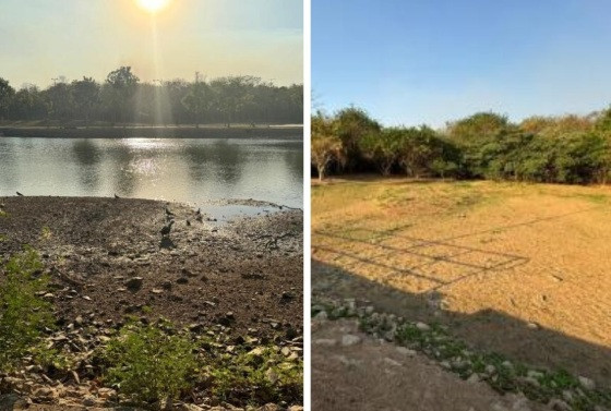 Em imagens feitas pela equipe do RepórterMT, é possível ver a marca da água na lagoas bem abaixo do costume.