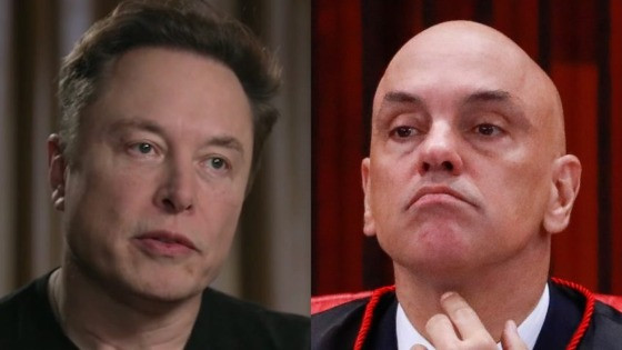 Elon Musk (à esq.), ministro do STF Alexandre de Moraes (à dir.)