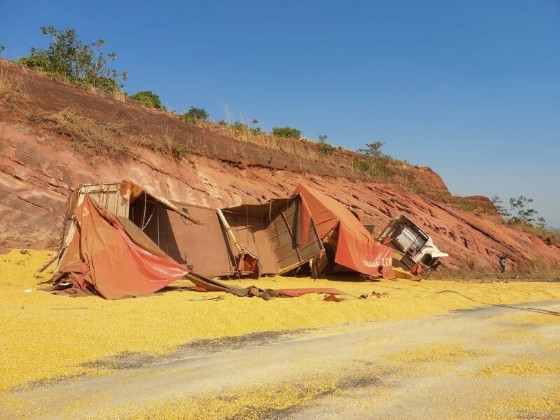 A carga ficou espalhada na pista que foi interditada para retirada do produto 