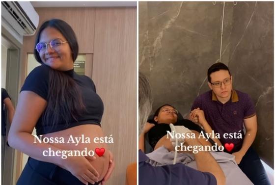 Laísa Reis, a filha e o esposo pouco antes do parto.