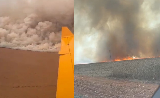 Nas imagens é possível ver uma cortina de fumaça e o fogo que tomou conta de toda área, invadindo a rodovia BR-364. 