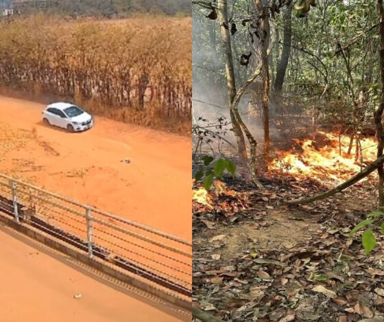 Câmeras de segurança e testemunha flagraram o momento em que o carro passa pouco antes do incêndio começar 