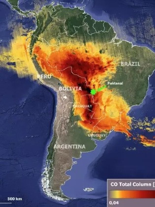 Um dos mapas utilizado pelo MetSul mostra maior concentração de monóxido de carbono na região amazônica, no oeste do Centro-Oeste, no Sul do país e em São Paulo