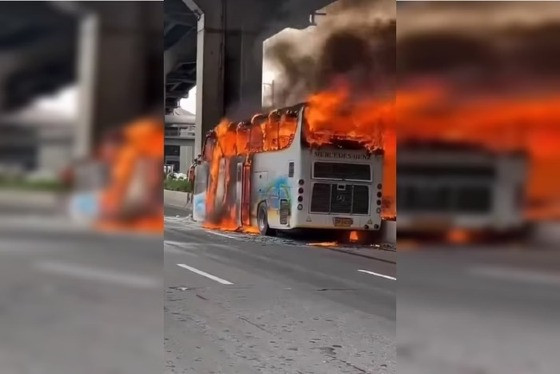 O ônibus raspou em uma barreira de proteção de metal, gerando faíscas que incendiaram o tanque de gasolina, causando o incêndio.