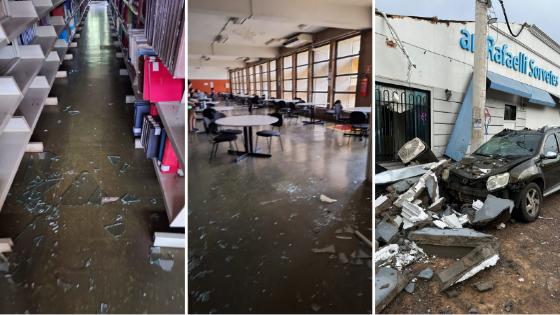 Estudantes fotografaram estilhaços da vidraça caída no chão da biblioteca da UFMT. Moradores registraram o desabamento da estrutura de uma sorveteria.