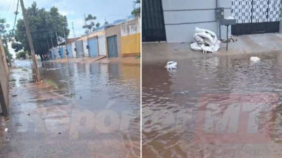 Em um vídeo enviado ao RepórterMT, a moradora mostra a rua completamente alagada, resquícios da última chuva que ainda não escoaram.