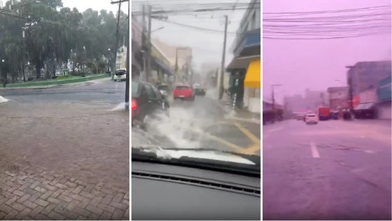 Nas imagens, populares que passavam pelo local a pé tentam se abrigar em lojas que estavam abertas.