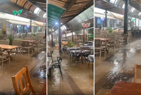 Rua coberta em Chapada dos Guimarães fica alagada após chuva