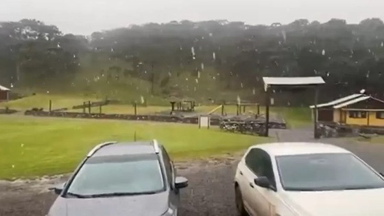 Registro compartilhado pela MetSul mostra neve em São José dos Ausentes (RS)