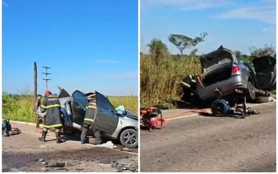 O Corolla, que seguia de Pontes e Lacerda em direção a Cuiabá, ficou destruído.